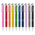 A collection of metal pens in pink, red, orange, green, blue, dark blue, black, and grey, featuring rubberised grips and branding.