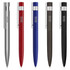 A set of five metal pens in silver, red, blue, dark grey, and black, each featuring a logo.
