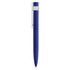 A blue metal pen with a shiny silver clip and tip, featuring a minimalist design and a branded logo.