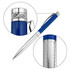 A metal pen with a blue barrel and a silver decorative grip, featuring a clip and a logo.