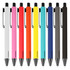 A range of metal pens in various colours including white, pink, orange, yellow, blue, and black, with clips and a logo.