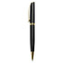 A black metal pen with gold accents and a clip, featuring a sleek design and a branding logo.