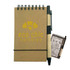 A brown stone paper notebook with a spiral binding, accompanied by a black pen and featuring a small notepad.