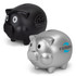 A black piggy bank and a silver piggy bank, both featuring eyes and a slot for coins, with logos on the silver one.