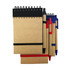 A recyclable paper jotter pad with spiral binding, accompanied by black, red, and blue pens. Features an elastic band.