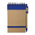 A brown recyclable paper jotter pad with a blue spiral binding and matching pen attached with an elastic band.