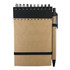 A brown recyclable paper jotter pad with a black spiral binding and a black pen secured by an elastic band.