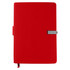 A red notebook with a clasp closure and a bookmark ribbon. The notebook features a logo on the front.