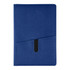 A blue notebook with a textured cover and a black pocket on the front. It features a logo.