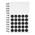 A white spiral-bound notebook featuring black bubble dots on the cover and a branding logo.