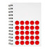 A spiral-bound notebook featuring a white cover with red circular accents. It includes a logo on the cover.