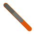An orange nail file with a textured surface and a smooth side, featuring a logo.