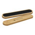 A bamboo nail file featuring a black sanding surface and an engraved logo, showcasing a natural wood finish.