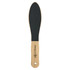 A wood foot file with a black sanding surface and a beige wooden handle, featuring a branding logo.