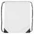A drawstring bag in white with black accents, featuring a simple design and a logo at the bottom.