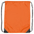 An orange nylon backsack with black corners and drawstring closure. Features a logo.