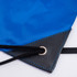 A blue nylon backsack featuring a black reinforced corner and black drawstrings. It includes a logo.