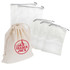 A set of four white nylon mesh produce bags alongside a beige cotton drawstring bag with a logo.