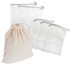 A set of nylon mesh produce bags in white, including one larger drawstring bag and four smaller bags.