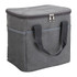 A grey nylon cooler bag with a zippered top and sturdy handles, featuring mesh sides and a branding logo.