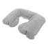 A grey travel neck pillow with a U-shape design, featuring soft material and a logo.
