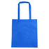 A blue non-woven tote bag with long handles and a V gusset, featuring a logo.