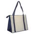 A large, non-woven zipped shopping bag in cream and navy, featuring sturdy handles and a logo.