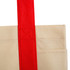 A cream reusable grocery bag with a red handle, featuring a pocket on one side and a logo.