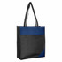A reusable grocery bag in black with a blue accent, featuring two sturdy handles and a logo.