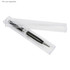 A clear plastic case containing a sleek black pen with silver accents, showcasing a modern design.