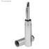 A silver cylindrical pen holder with a sleek design, featuring a pen partially inserted and a branding logo.