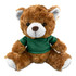 A plush teddy bear in brown fur, wearing a green shirt, with black eyes and white inner ears. It has a logo on the shirt.