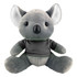 A grey koala plush toy wearing a black shirt, featuring large ears and a friendly face, with a logo on the shirt.