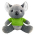 A grey koala plush toy wearing a bright green shirt, with large ears and a cute expression. It has branding on the shirt.
