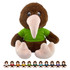 A brown Kiwi Plush toy with a large beak, wearing a green shirt, seated against a white background. Features a branding logo.