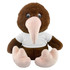 A brown kiwi plush toy with a large beak, wearing a white shirt and sitting upright. Features a logo on the shirt.