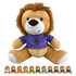 A plush lion toy with a brown body and a purple T-shirt, featuring a friendly face and a tuft of hair on its head.