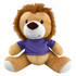A plush lion toy with a tan body and a brown mane, wearing a purple shirt. It has a friendly smiling face.