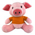 A pink plush pig toy with large ears, a smiling face, and wearing an orange shirt. It has a branding logo.