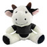 A soft, plush cow toy in black and white fur, wearing a black shirt, with small brown horns and a smiling face.