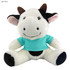 A soft, plush cow toy with black and white markings, wearing a light blue shirt. It has a cute, smiling face.