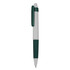 A green and white plastic pen with a clip and a rounded tip. The pen features a logo on its body.