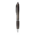 A dark grey plastic pen with silver accents, featuring a smooth grip and a logo on the side.