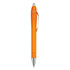 An orange plastic pen with a silver clip and tip, featuring a transparent barrel.