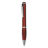 A red plastic pen with silver accents and a clip, featuring a logo.