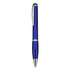 A blue plastic pen with a silver clip and accents, featuring a sleek design and a logo.