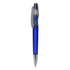 A blue plastic pen with a clear clip and grip, featuring a shiny silver tip. The pen has a logo on it.