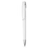 A white plastic pen with a silver clip and tip, featuring a sleek design and a branding logo.