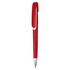 A red plastic pen with a sleek design and a clip, featuring branding on the barrel.