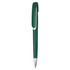 A green plastic pen with a sleek design and a silver accent, featuring a clip and a branding logo.